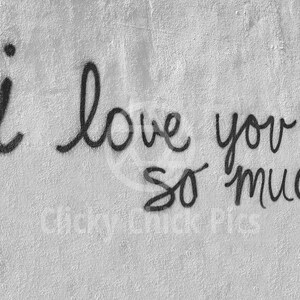 May include: A black and white image of a handwritten message on a textured wall that says "i love you so much."