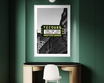 Tecovas | Neon Sign Photo | Western Wall Art | Austin Texas Photo | Boot Store Artwork | Metallic Photo Paper | ATX Print