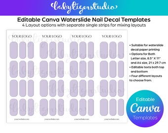 Editable CANVA Waterslide DIY nail decal design templates for Letter and A4 sizes decal paper