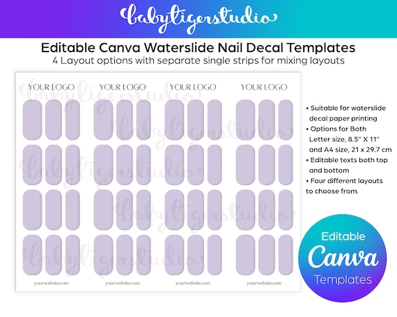 Editable CANVA Waterslide DIY nail decal design templates for Letter and A4 sizes decal paper