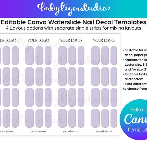 Editable CANVA Waterslide DIY nail decal design templates for Letter and A4 sizes decal paper