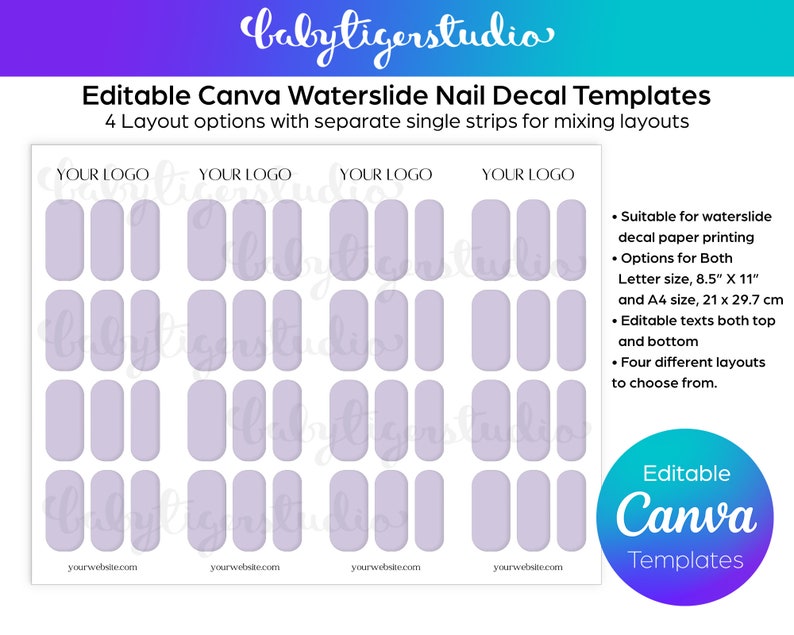 Op de afbeelding: Bewerkbare Canva-sjablonen voor waterslide-nageldecals. De sjabloon bevat vier verschillende lay-outs met afzonderlijke enkele stroken om lay-outs te mengen. De sjabloon is geschikt voor zowel brief- als A4-papier. De sjabloon bevat ruimte voor uw logo en website-adres.