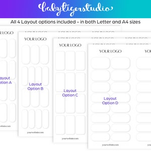 Op de afbeelding: Vier verschillende lay-outs voor nagellak stickers, elk met de tekst "YOUR LOGO" bovenaan en "yourwebsite.com" onderaan. De lay-outs zijn gelabeld "Layout Option A", "Layout Option B", "Layout Option C" en "Layout Option D".