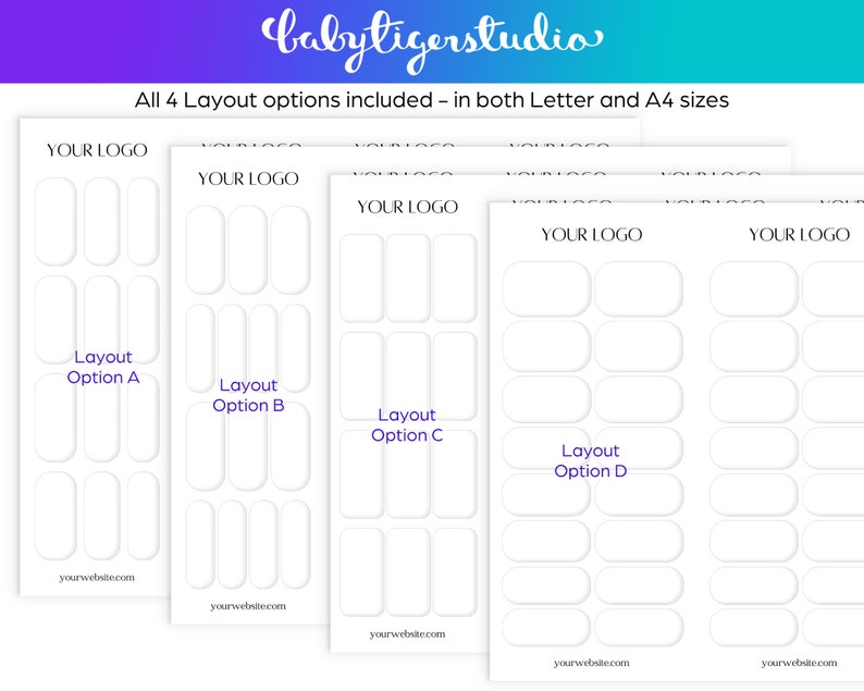 Op de afbeelding: Vier verschillende lay-outs voor nagellak stickers, elk met de tekst "YOUR LOGO" bovenaan en "yourwebsite.com" onderaan. De lay-outs zijn gelabeld "Layout Option A", "Layout Option B", "Layout Option C" en "Layout Option D".