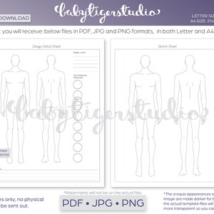 May include: Two printable fashion design templates for sketching clothing designs. The templates include a design detail sheet with material swatches and a sketch sheet with a frame. The templates are available in both Letter (8.5 x 11 inches) and A4 (21 x 29.7 cm) sizes.