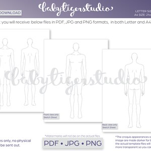May include: Three black and white line drawings of a male figure in different poses. The figures are on a white background. The text "Sketch Sheet" appears below each figure. The text "Front view only" appears below the figure on the left. The text "Back view only" appears below the figure on the right. The text "without frame" appears below the figure in the middle. The text "PDF JPG PNG" appears at the bottom of the image.