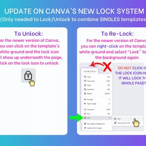 Op de afbeelding: Een screenshot van een Canva-ontwerpoppervlak dat laat zien hoe je elementen in een sjabloon kunt vergrendelen en ontgrendelen. De tekst luidt "UPDATE ON CANVA'S NEW LOCK SYSTEM (Only needed to Lock/Unlock to combine SINGLES templates)". De tekst luidt ook "To Unlock: For the newer version of Canva, you can click on the template's white ground and the lock icon will show up underneath the page, click on the lock icon to unlock." en "To Re-Lock: For the newer version of Canva, you can right-click on the template's white ground and select "Lock" to lock the background again. DO NOT CLICK ON THE LOCK ICON HERE, IT WILL LOCK THE WHOLE PAGE!!"