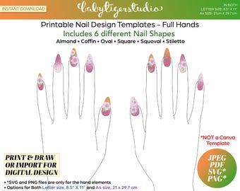 Instant Download - FULL HANDS Printable Nail Design Templates in Stiletto, Almond, Coffin, Square, Oval and Squoval shaped nails