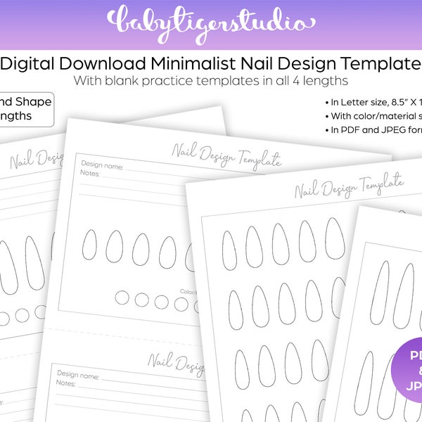 Instant Download - Printable Almond shaped nail design & practice templates