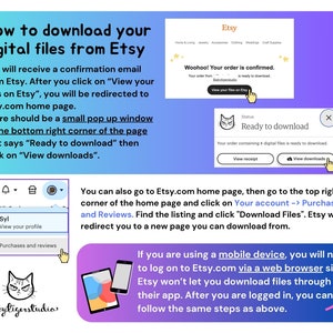 Op de afbeelding: Een roze en blauwe illustratie met een kattenafbeelding en de tekst "Hoe je je digitale bestanden van Etsy kunt downloaden". De illustratie toont een stapsgewijze handleiding voor het downloaden van digitale bestanden van Etsy.com. De handleiding bevat instructies voor zowel desktops als mobiele apparaten.