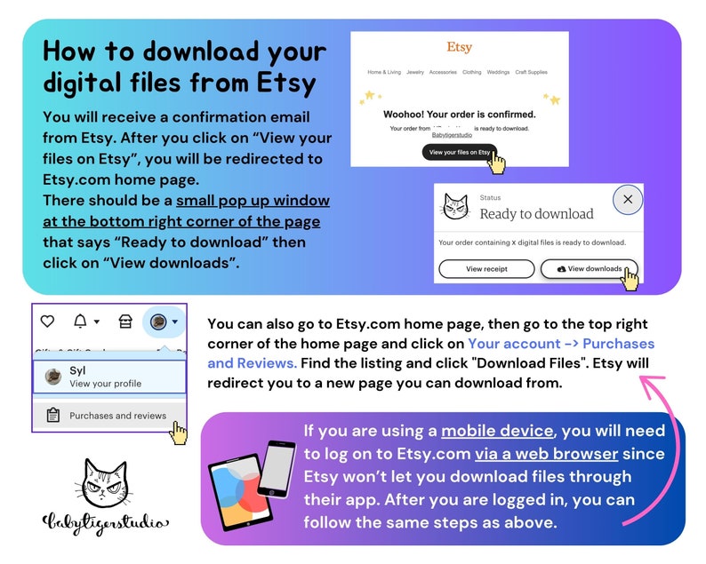 Op de afbeelding: Een roze en blauwe illustratie met een kattenafbeelding en de tekst "Hoe je je digitale bestanden van Etsy kunt downloaden". De illustratie toont een stapsgewijze handleiding voor het downloaden van digitale bestanden van Etsy.com. De handleiding bevat instructies voor zowel desktops als mobiele apparaten.