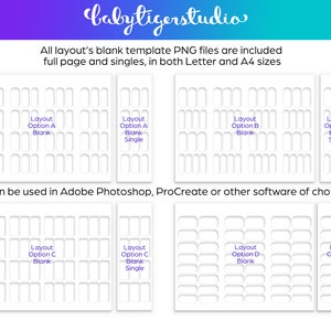 Op de afbeelding: Vier verschillende nagelkunstlayouts met lege nagelvormen. Elke lay-out wordt in twee versies getoond: een volledige paginaversie en een enkele nagelversie. De tekst "Layout Option A Blank" is zichtbaar in de afbeelding.