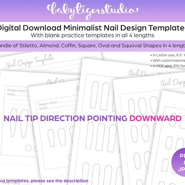 BUNDLE - DOWNWARD Nails - PRINTABLE Stiletto, Almond, Coffin, Square, Oval and Squoval shaped nail design & practice templates