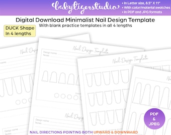 Puede incluir: Plantilla de diseño de uñas imprimible para practicar el arte de uñas minimalista. La plantilla presenta una uña con forma de pato con cuatro longitudes diferentes. La plantilla está disponible en formatos PDF y JPG.