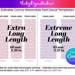 Editable CANVA Waterslide EXTRA Long and EXTREME Long Lengths nail decal design templates for Letter and A4 sizes decal paper