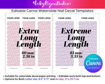 Editable CANVA Waterslide EXTRA Long and EXTREME Long Lengths nail decal design templates for Letter and A4 sizes decal paper