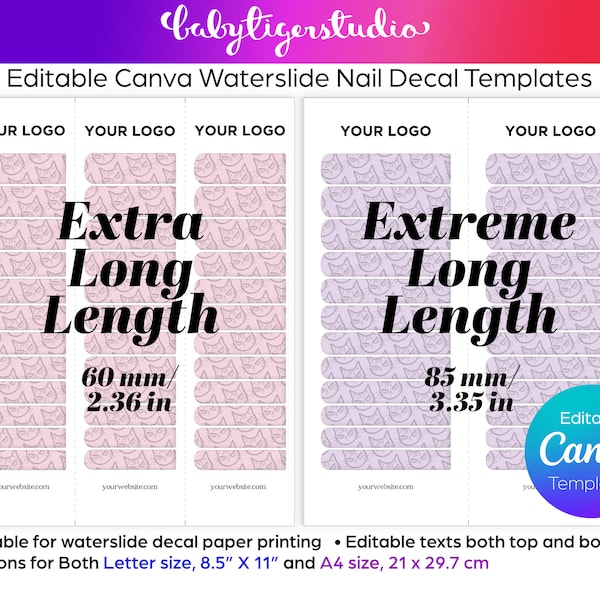 Editable CANVA Waterslide EXTRA Long and EXTREME Long Lengths nail decal design templates for Letter and A4 sizes decal paper