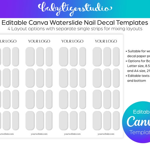 Editable CANVA Waterslide DIY Nail Decal Design Templates for Etsy