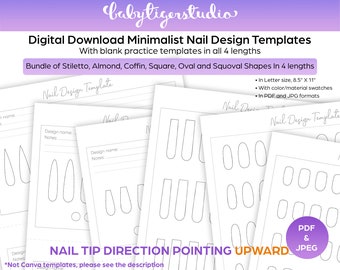 BUNDLE - Instant Download - PRINTABLE Stiletto, Almond, Coffin, Square, Oval and Squoval shaped nail design & practice templates