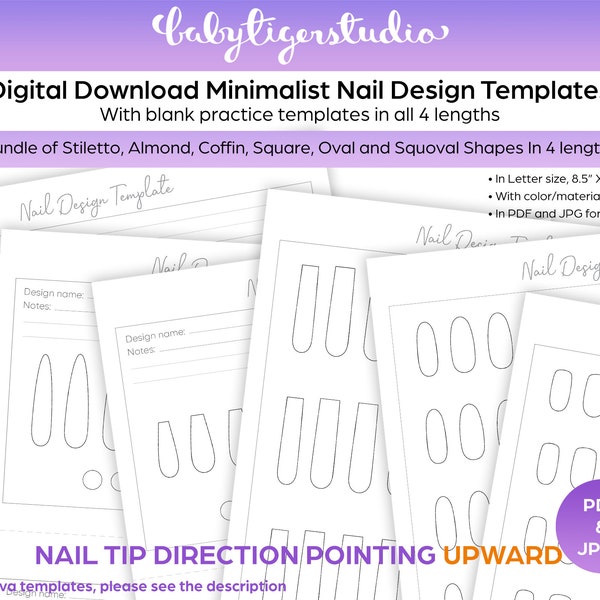 BUNDLE - Instant Download - PRINTABLE Stiletto, Almond, Coffin, Square, Oval and Squoval shaped nail design & practice templates