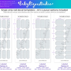 Op de afbeelding: Vier verschillende lay-outopties voor enkelvoudige strook nagelstickers. Elke lay-out toont de grootte van de nagelstickers in millimeters. De lay-outs zijn ge&euml;tiketteerd als Optie A, Optie B, Optie C en Optie D. De tekst "Uw logo" staat bovenaan elke lay-out.