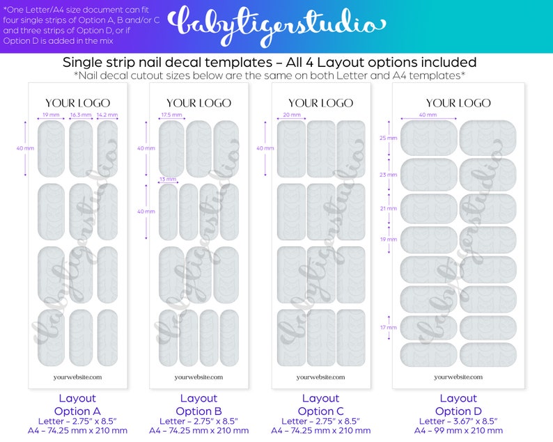 Op de afbeelding: Vier verschillende lay-outopties voor enkelvoudige strook nagelstickers. Elke lay-out toont de grootte van de nagelstickers in millimeters. De lay-outs zijn ge&euml;tiketteerd als Optie A, Optie B, Optie C en Optie D. De tekst "Uw logo" staat bovenaan elke lay-out.