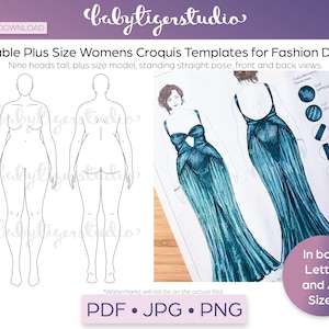Descarga instantánea: plantilla de croquis de moda para mujer de talla grande de 9 cabezas, figura femenina de talla grande imprimible para diseño de moda