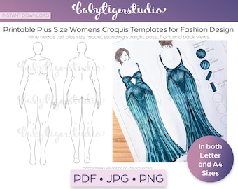 Instant Download - 9-Heads Plus Size Womens Fashion Croquis Template, Printable Plus Size Female Figure for Fashion Design