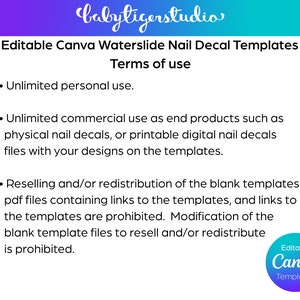 Op de afbeelding: Tekst op een blauwe en paarse achtergrond die de gebruiksvoorwaarden beschrijft voor bewerkbare Canva waterslide nageldecoratie sjablonen. De tekst stelt dat onbeperkt persoonlijk en commercieel gebruik is toegestaan, maar het doorverkopen of herdistribueren van de sjablonen is verboden.