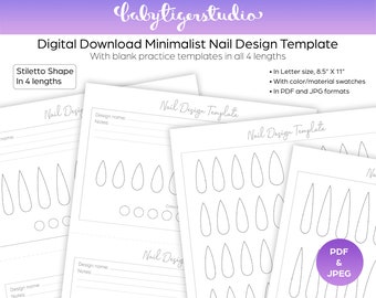 Puede incluir: Plantilla de diseño de uñas imprimible con uñas en forma de stiletto en cuatro longitudes. La plantilla incluye espacio para el nombre del diseño y notas. La plantilla está disponible en formatos PDF y JPG.