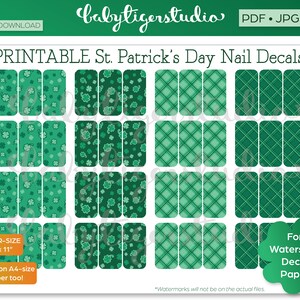 May include: Printable St. Patrick's Day nail decals in a sheet of 12 designs. The designs include green shamrocks, green plaid, and green checkered patterns. The sheet is 8.5 inches by 11 inches and works on A4-size paper.
