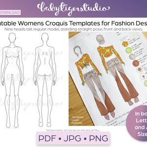 Direct downloaden - 9-Heads Womens Fashion Croquis-sjabloon, afdrukbare vrouwelijke figuur voor modeontwerp, couture, streetwear, avondjurken