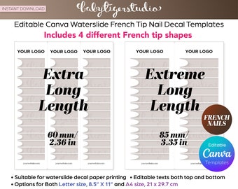 New! Editable CANVA Extra Long and Extreme Long Lengths Waterslide FRENCH nail decal templates for Letter and A4 sizes decal paper