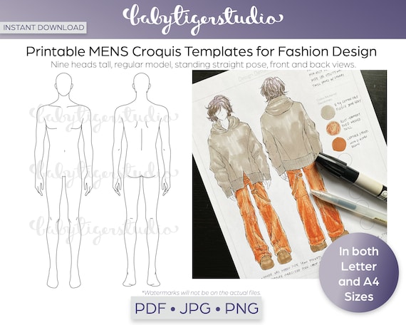 Instant Download - 9-Heads MENS Fashion Croquis Template, Printable Male Figures for Mens Fashion Design, Streetwear, Tailored Clothing