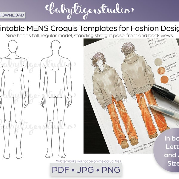 Téléchargement immédiat - modèle Croquis de mode pour hommes à 9 têtes, figurines masculines imprimables pour création de mode pour hommes, streetwear, vêtements sur mesure