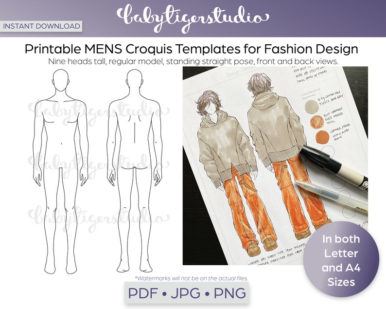 May include: Printable fashion design templates for men. The templates feature a standing figure in front and back views. The figure is nine heads tall and has a regular model build. The templates are available in both letter and A4 sizes.