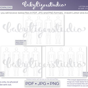 May include: Four printable fashion design templates for sketching clothing designs. The templates are in both letter and A4 sizes. The templates are in PDF, JPG, and PNG formats.