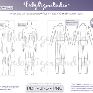 May include: A digital download of a men's fashion croquis template in PDF, JPG, and PNG formats. The croquis is shown in front and back views. The image includes the text "Mens regular croquis for technical flats sketches."