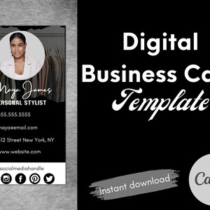 Plantilla Canva de tarjeta de visita digital, blanco y negro, enlaces en los que se puede hacer clic, tarjetas de visita modernas, plantilla de tarjeta de visita virtual profesional