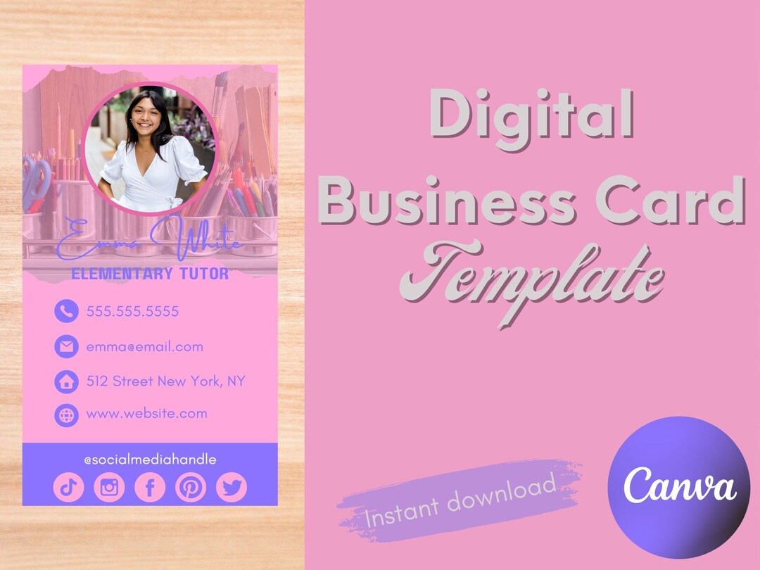 Digital Business Card Canva Template, Bold Pink Colors, Clickable Links, Modern Business Cards