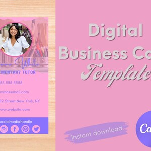 Plantilla Canva de tarjeta de visita digital, colores rosados llamativos, enlaces en los que se puede hacer clic, tarjetas de visita modernas, plantilla de tarjeta de visita virtual profesional