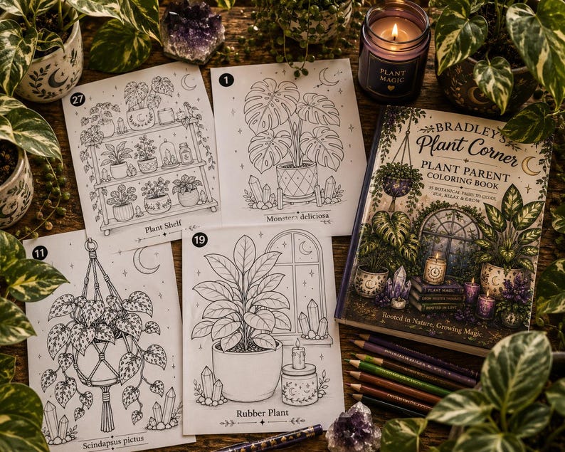 以下が含まれることがあります： 「Bradley's Plant Corner Plant Parent Coloring Book」というタイトルの塗り絵と、植物棚、モンステラ・デリシオーサ、ハンギングされたスキンダプサス・ピクタス、クリスタルとゴムの木の線画が描かれた4枚の塗り絵用シート。