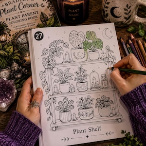 以下が含まれることがあります： Bradley's Plant Cornerというタイトルの塗り絵で、27 Plant Shelfとラベル付けされたページには、棚の上の鉢植え、クリスタル、三日月の線画が描かれています。このページには、装飾的な鉢やガラス瓶に入った様々な観葉植物が描かれています。