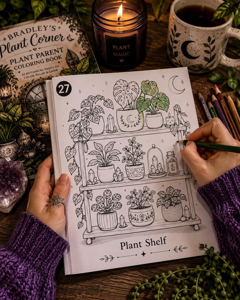 以下が含まれることがあります： Bradley's Plant Cornerというタイトルの塗り絵で、27 Plant Shelfとラベル付けされたページには、棚の上の鉢植え、クリスタル、三日月の線画が描かれています。このページには、装飾的な鉢やガラス瓶に入った様々な観葉植物が描かれています。