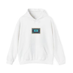 May include: White hoodie with a front pocket and a drawstring hood. The hoodie features a small, rectangular patch on the chest with the words "SYSTEM ERROR 404" in a retro, pixelated font, surrounded by a border of green and blue.