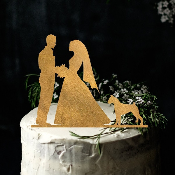 Dog Couple Silhouette Custom Wedding Cake Topper, Personalized Bride and Groom Cake Topper, Mr. and Mrs. Wooden Cake Topper with dog