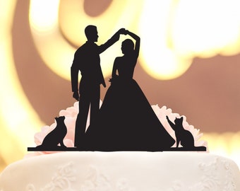 Cat Couple Silhouette Custom Wedding Cake Topper, Personalized Bride and Groom Cake Topper, Mr. and Mrs. Wooden Cake Topper for Wedding
