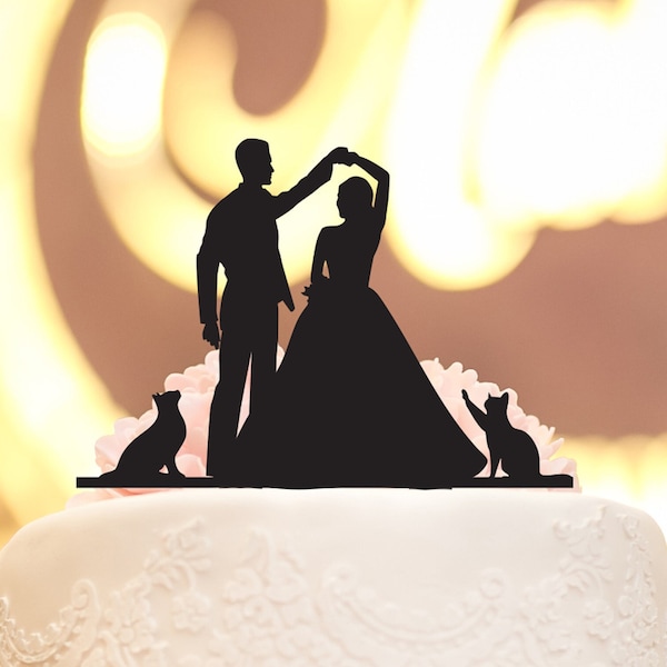 Cat Couple Silhouette Custom Wedding Cake Topper, Personalizzato sposa e sposo Cake Topper, Mr. e Mrs. Wooden Cake Topper per matrimonio