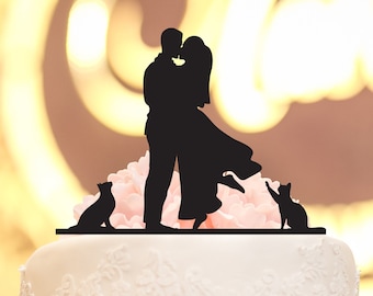 Aangepaste kat paar silhouet aangepaste bruidstaart topper, kat bruid en bruidegom cake topper, de heer en mevrouw houten taart topper voor bruiloft