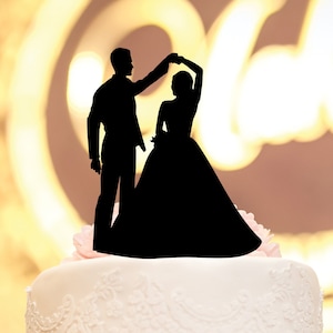 Dancing Couple Silhouette Custom Wedding Cake Topper, Personalized Bride and Groom Cake Topper, Mr. and Mrs. Wood Cake Topper for Wedding